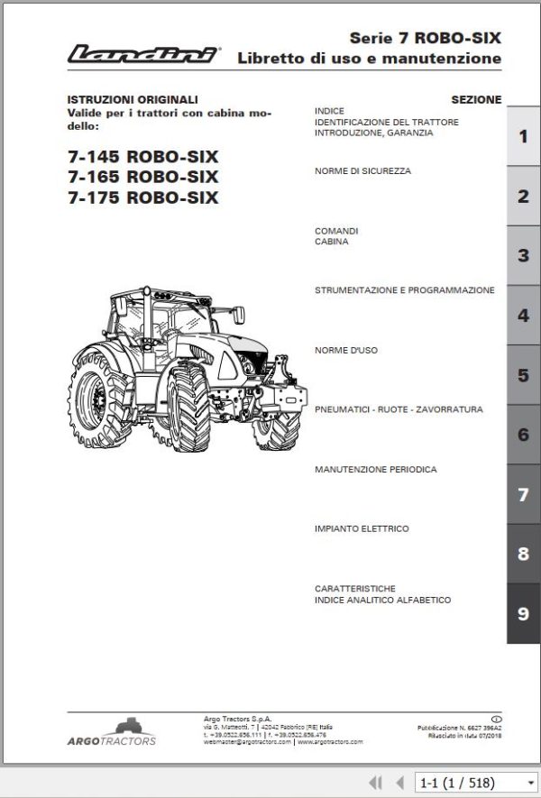 Landini Tractor 7 145 7 165 7 175 ROBO SIX Operation and Maintenance Manual 6627396A2 IT 1