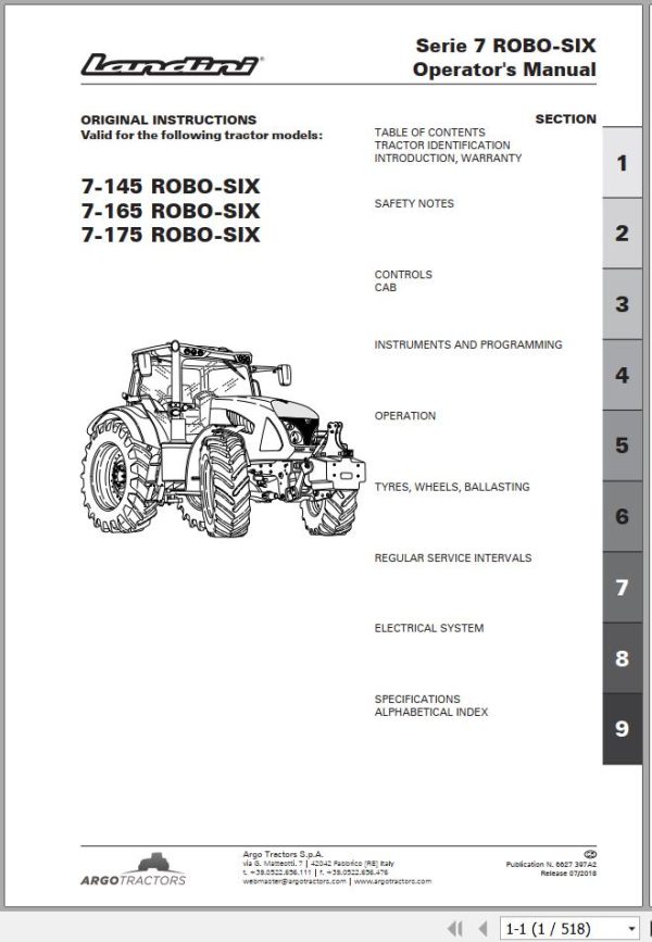 Landini Tractor 7 145 7 165 7 175 ROBO SIX Operation and Maintenance Manual 6627397A2 1