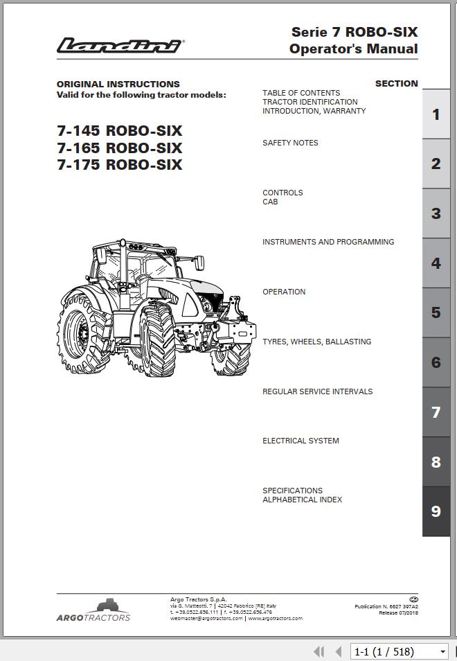 Landini Tractor 7 145 7 165 7 175 ROBO SIX Operation and Maintenance Manual 6627397A2 1