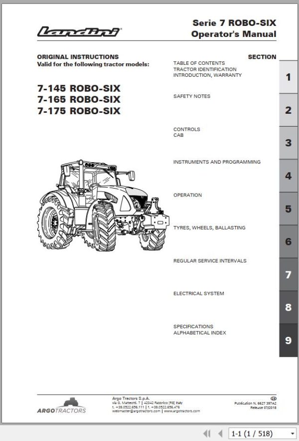 Landini Tractor 7 145 7 165 7 175 ROBO SIX Operation and Maintenance Manual 6627397A2 EN 1