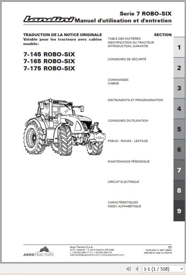 Landini Tractor 7 145 7 165 7 175 ROBO SIX Operation and Maintenance Manual 6627398A2 FR 1