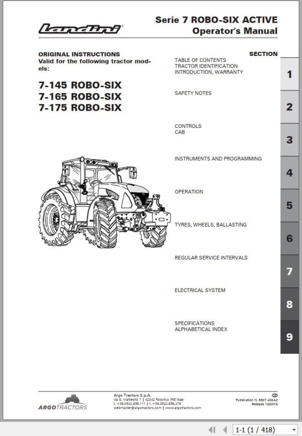 Landini Tractor 7 145 7 165 7 175 ROBO SIX Operation and Maintenance Manual 6627402A2 1
