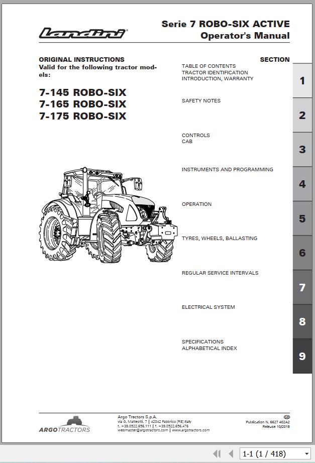 Landini Tractor 7 145 7 165 7 175 ROBO SIX Operation and Maintenance Manual 6627402A2 EN 1