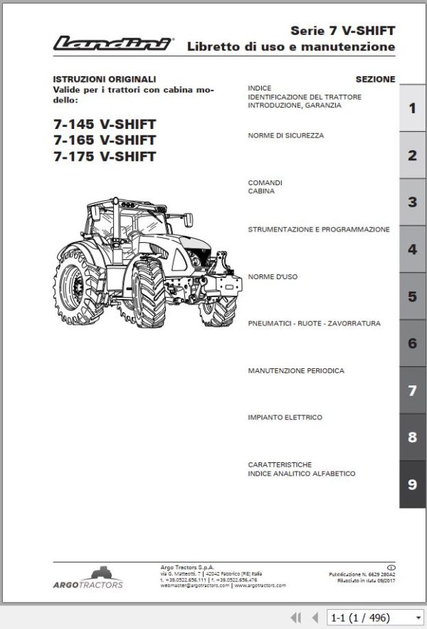 Landini Tractor 7 145 7 165 7 175 V SHIFT Operation and Maintenance Manual 6629280A2 IT 1