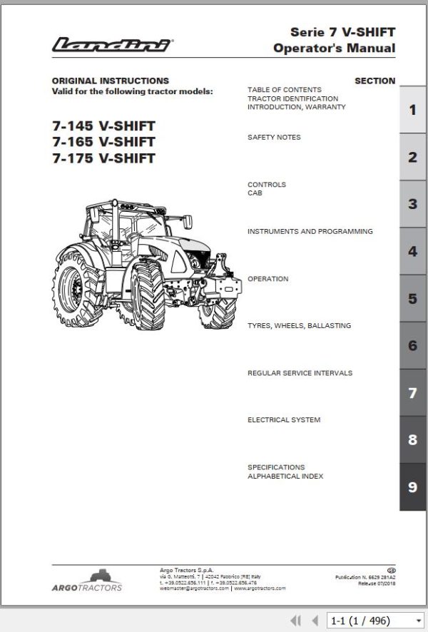 Landini Tractor 7 145 7 165 7 175 V SHIFT Operation and Maintenance Manual 6629281A2 EN 1