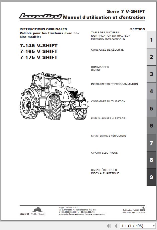 Landini Tractor 7 145 7 165 7 175 V SHIFT Operation and Maintenance Manual 6629282A2 FR 1