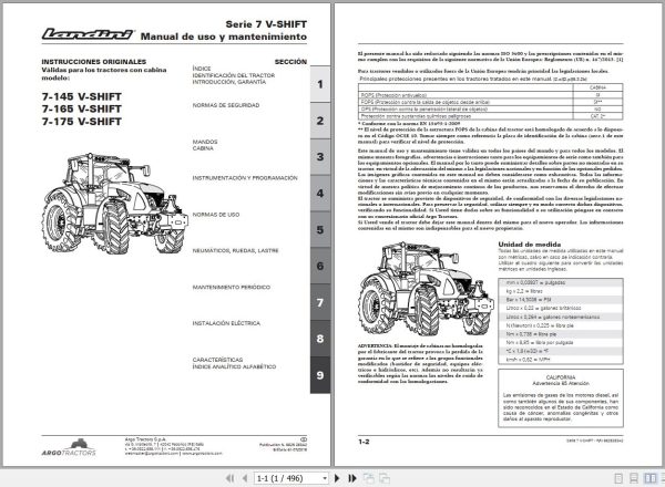 Landini Tractor 7 145 7 165 7 175 V SHIFT Operation and Maintenance Manual 6629283A2 ES 1