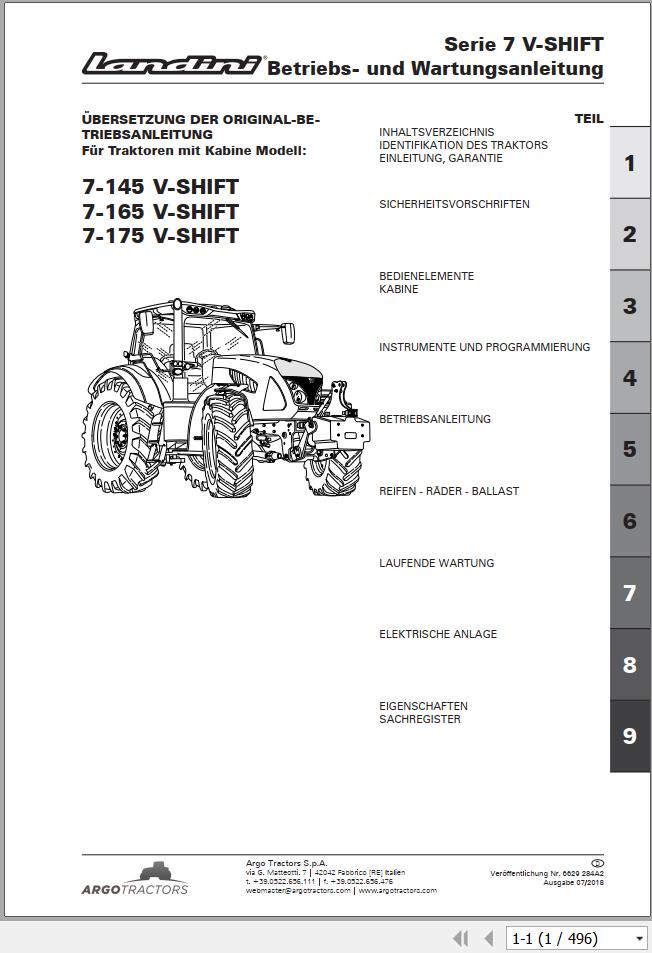 Landini Tractor 7 145 7 165 7 175 V SHIFT Operator Maintenance Manual 6629284A2 DE 1