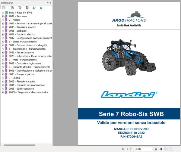 Landini Tractor 7 165 7 170 7 175 7 180 ROBO SIX SWB Service Manual and Diagrams 6720645A2 IT 1