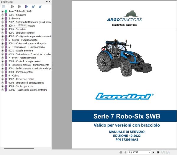 Landini Tractor 7 165 7 170 7 175 7 180 ROBO SIX SWB Service Manual and Diagrams 6720649A2 IT 1