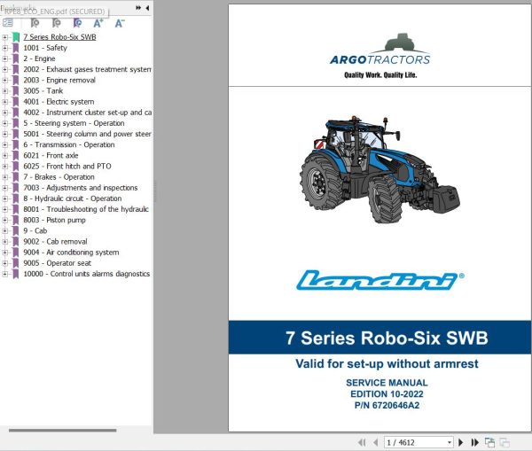 Landini Tractor 7 165 7 170 7 175 7 180 ROBO SIX Service Manual and Diagrams 6720646A2 EN 1