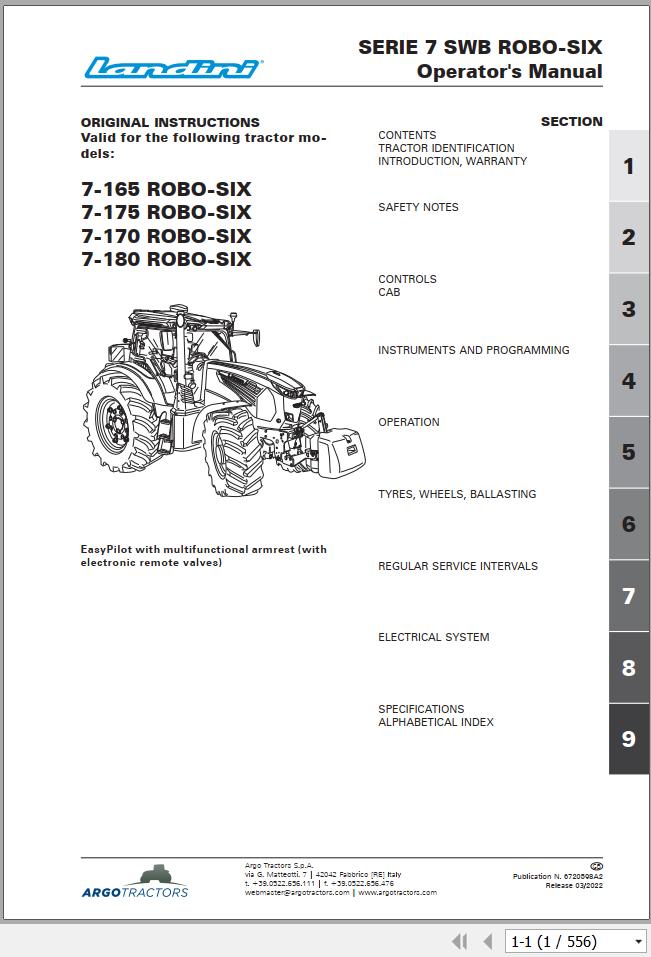 Landini Tractor 7 165 7 175 7 170 7 180 ROBO SIX Operation and Maintenance Manual 6720598A2 1