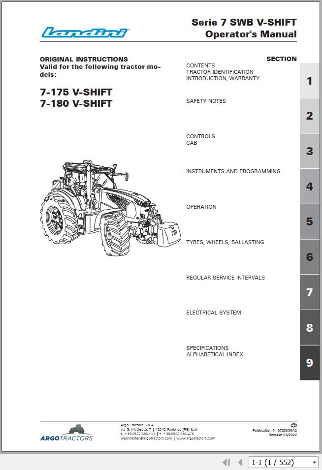 Landini Tractor 7 175 7 180 V SHIFT Operation and Maintenance Manual 6720609A2 1