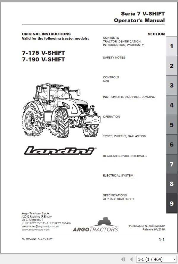 Landini Tractor 7 175 7 190 V SHIFT Operation and Maintenance Manual 6603450A2 EN 1