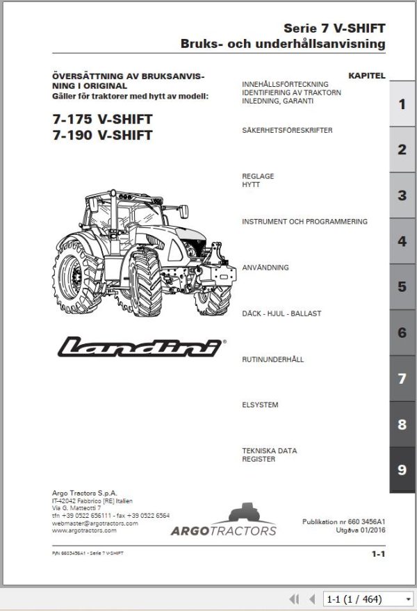 Landini Tractor 7 175 7 190 V SHIFT Operation and Maintenance Manual 6603456A2 SV 1