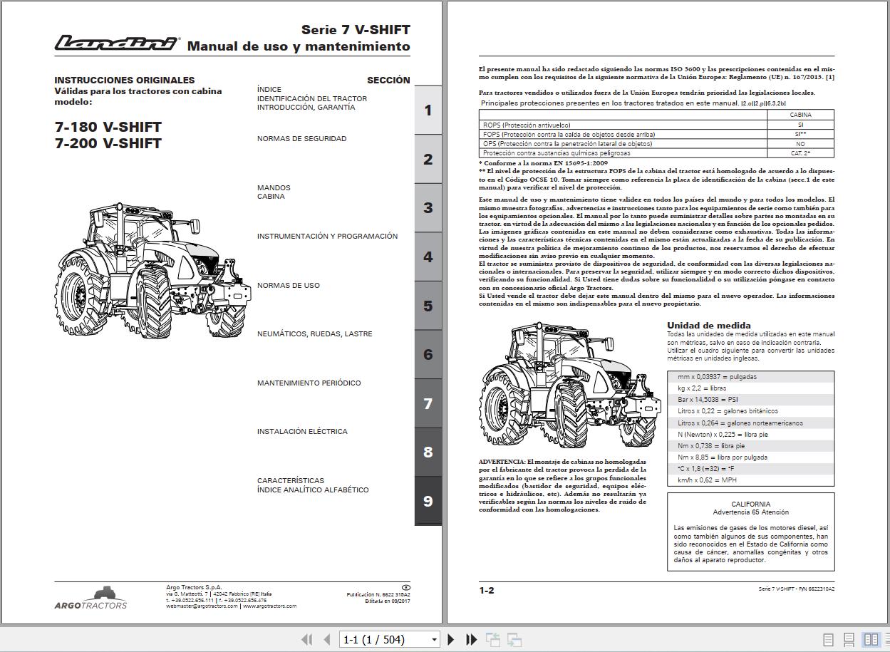 Landini Tractor 7 180 7 200 V SHIFT Operation and Maintenance Manual 6622310A2 ES 1