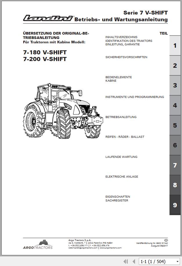 Landini Tractor 7 180 7 200 V SHIFT Operator Maintenance Manual 6622311A2 DE 1