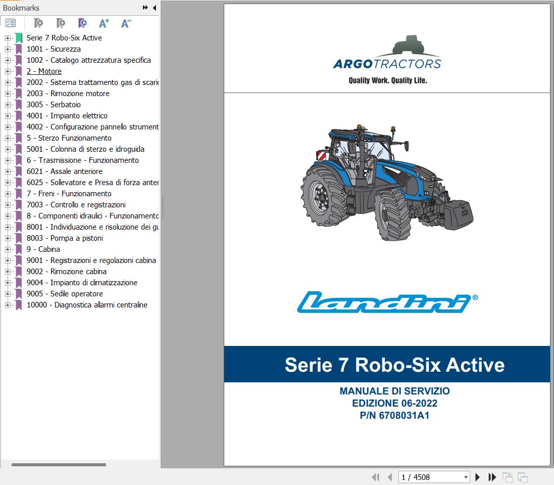 Landini Tractor 7 200 7 210 7 230 ROBO SIX Active Service Manual and Diagrams 6708031A1 IT 1