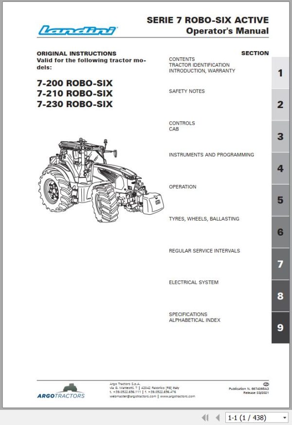 Landini Tractor 7 200 7 210 7 230 ROBO SIX Operation and Maintenance Manual 6674065A3 1