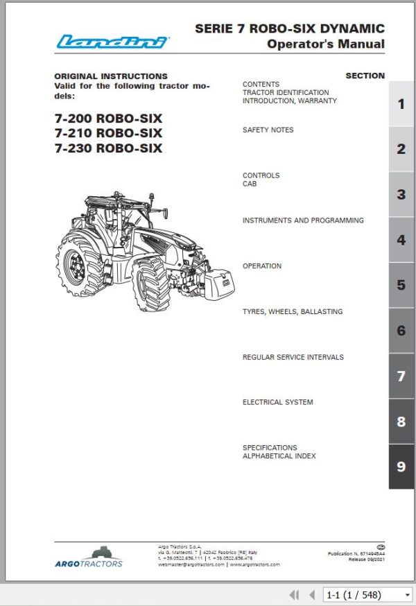 Landini Tractor 7 200 7 210 7 230 ROBO SIX Operation and Maintenance Manual 6714945A4 1