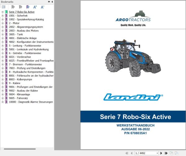 Landini Tractor 7 200 7 210 7 230 ROBO SIX Service Manual and Diagrams 6708035A1 DE 1
