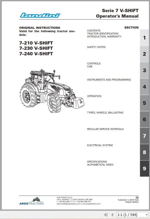 Landini Tractor 7 210 7 230 7 240 V SHIFT Operation and Maintenance Manual 6670772A5 1