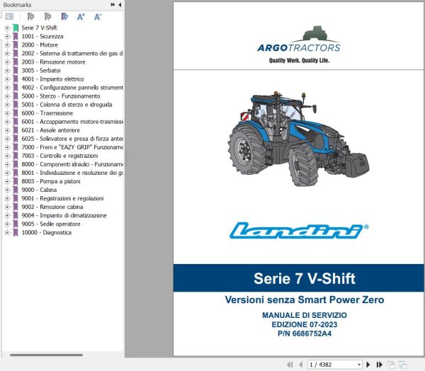 Landini Tractor 7 210 7 230 7 240 V SHIFT Service Manual and Diagrams 6686752A4 IT 1