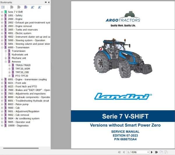 Landini Tractor 7 210 7 230 7 240 V SHIFT Service Manual and Diagrams 6686753A4 1