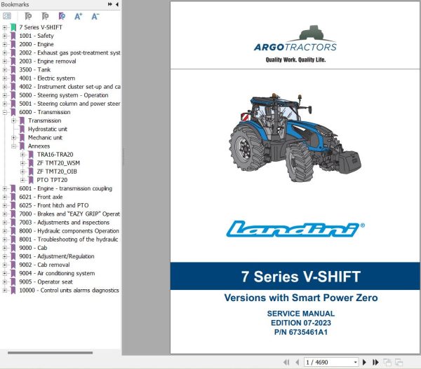 Landini Tractor 7 210 7 230 7 240 V SHIFT Service Manual and Diagrams 6735461A1 1