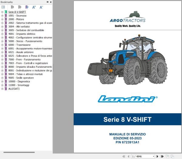 Landini Tractor 8 270 8 310 V SHIFT Service Manual and Diagrams 6723913A1 IT 1
