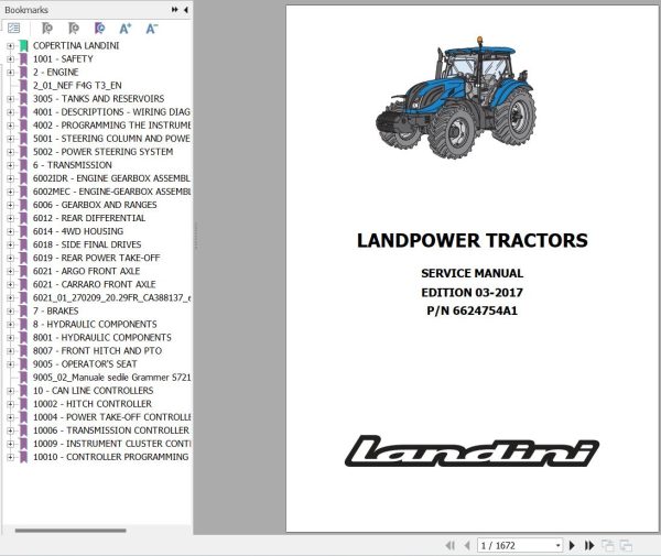 Landini Tractor LANDPOWER 125 135 145 165 Service Manual and Diagrams 6624754A1 EN 1