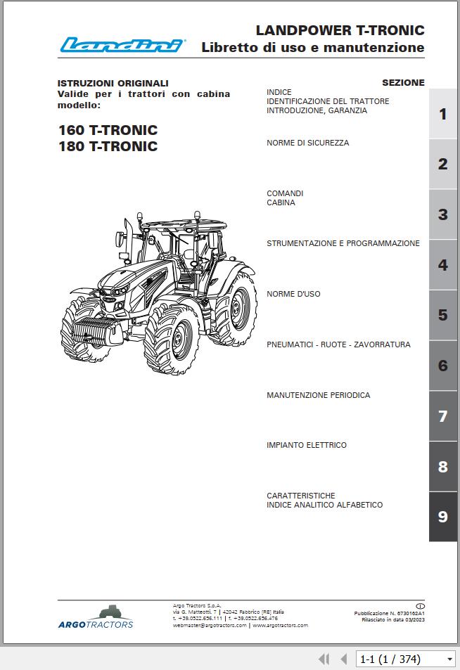 Landini Tractor LANDPOWER 160 180 T TRONIC Operation and Maintenance Manual 6730162A1 IT 1