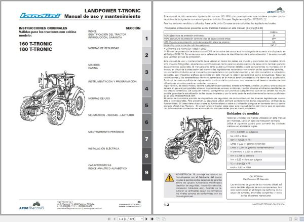 Landini Tractor LANDPOWER 160 180 T TRONIC Operation and Maintenance Manual 6730165A1 ES 1