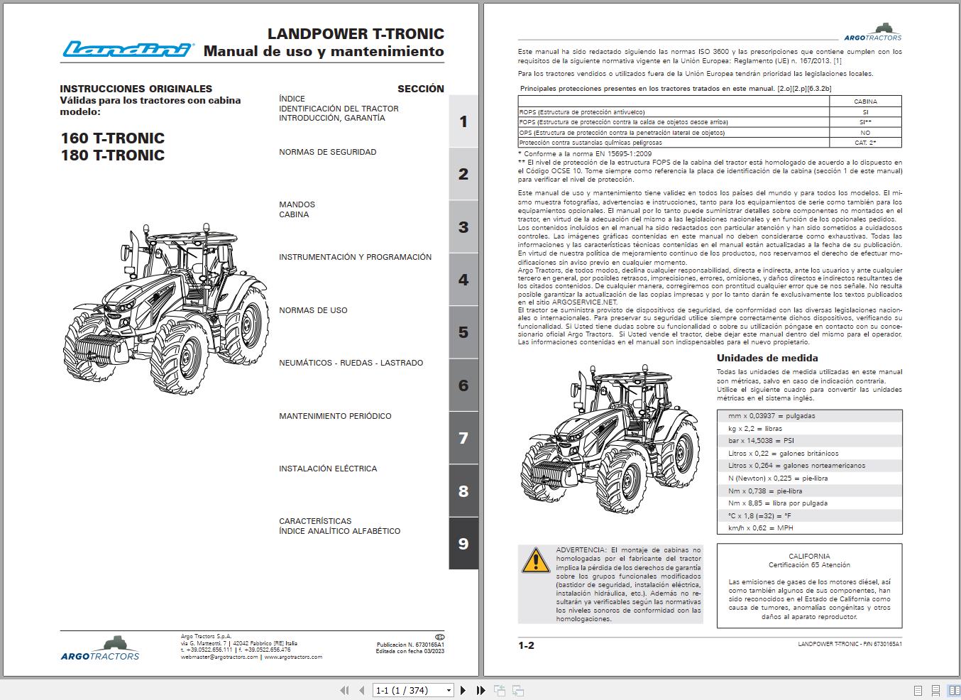 Landini Tractor LANDPOWER 160 180 T TRONIC Operation and Maintenance Manual 6730165A1 ES 1