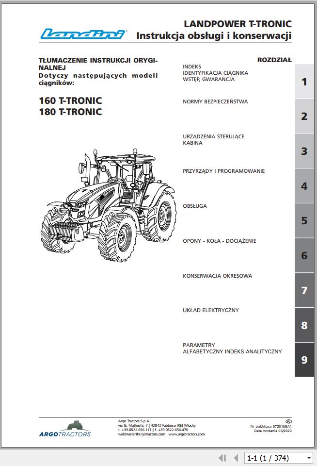 Landini Tractor LANDPOWER 160 180 T TRONIC Operation and Maintenance Manual 6730168A1 PL 1