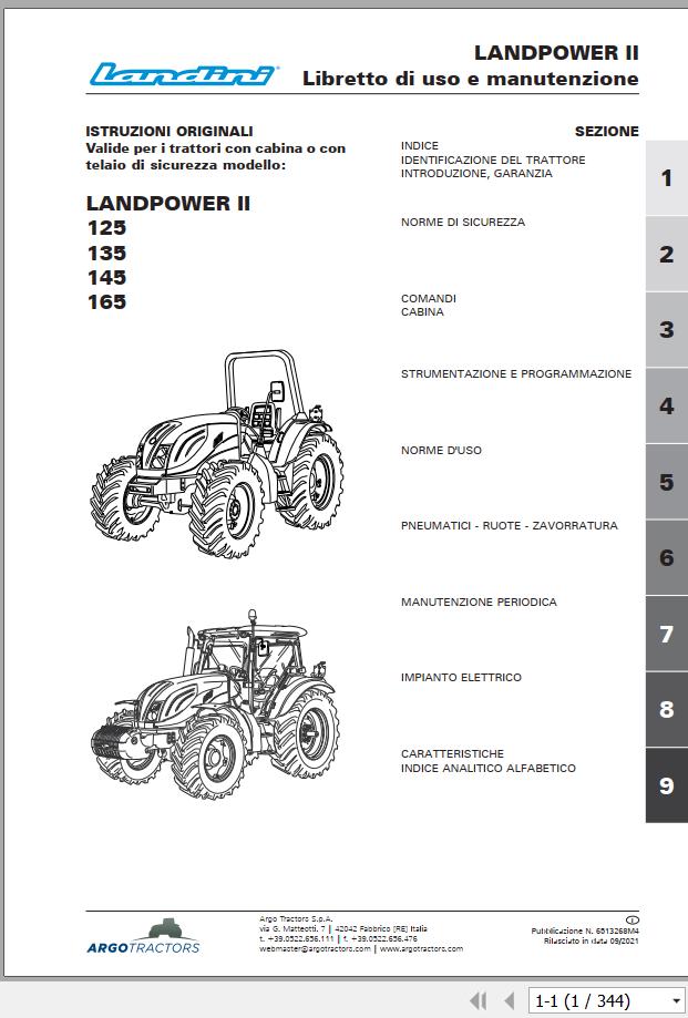 Landini Tractor LANDPOWER II 125 135 145 165 Operation and Maintenance Manual 6513268M4 IT 1