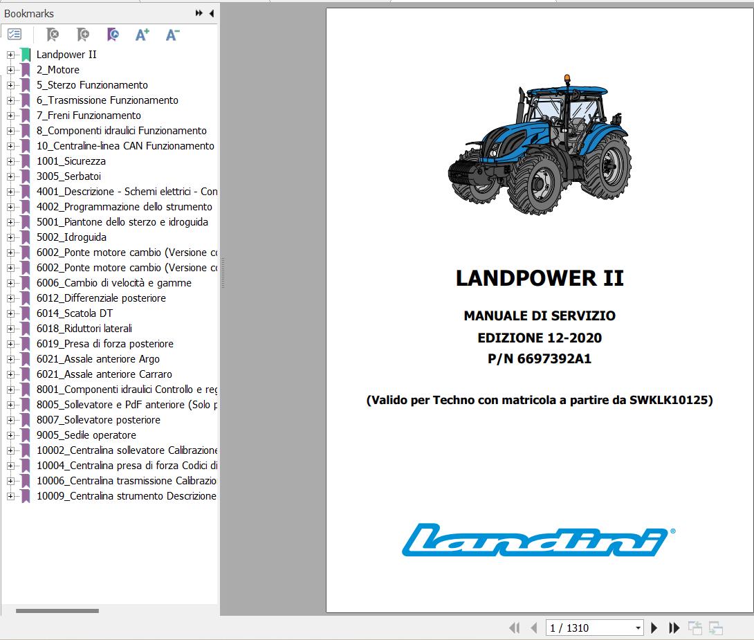 Landini Tractor LANDPOWER II 125 135 145 165 Service Manual and Diagrams 6697392A1 IT 1