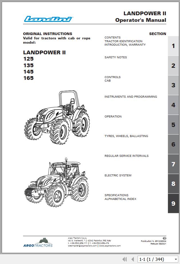 Landini Tractor LANDPOWER II Series 125 to 165 Operation and Maintenance Manual 6513269M4 EN 1