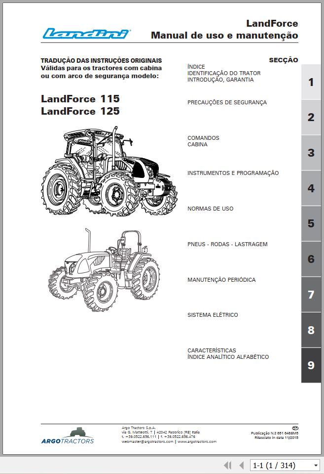 Landini Tractor LandForce 115 125 Operation and Maintenance Manual 6516468M5 PT 1