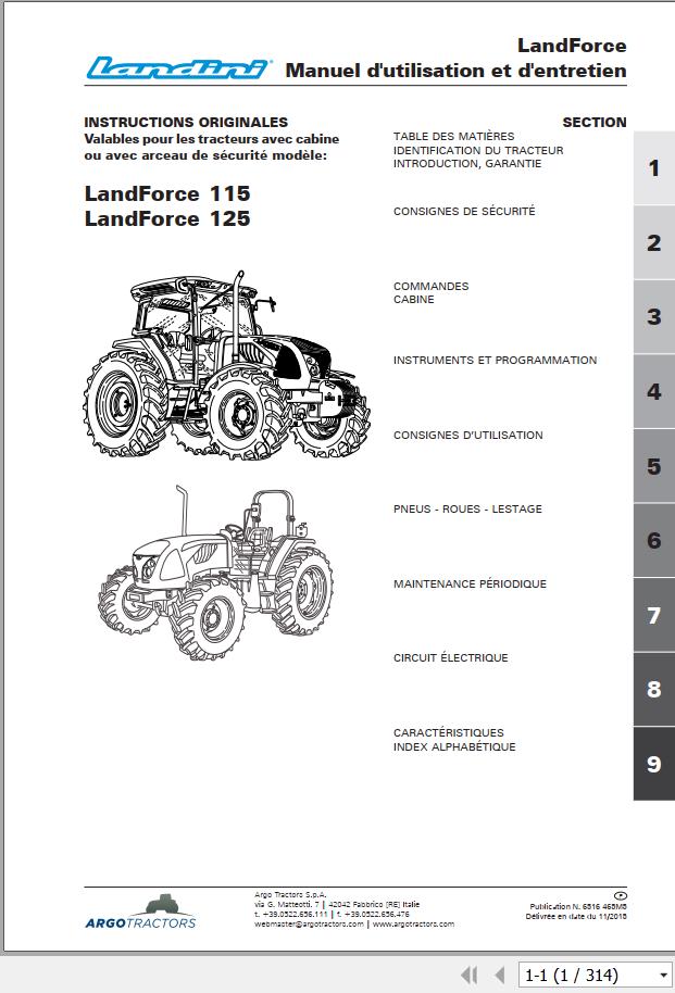 Landini Tractor LandPower 115 125 Operation and Maintenance Manual 6516465M5 FR 1
