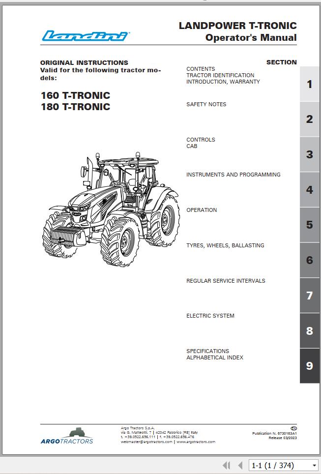 Landini Tractor Landpower 160 180 T TRONIC Operation and Maintenance Manual 6730163A1 1