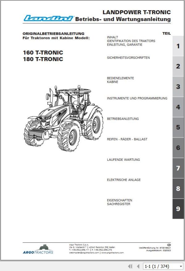 Landini Tractor Landpower 160 180 T TRONIC Operator Maintenance Manual 6730166A1 DE 1