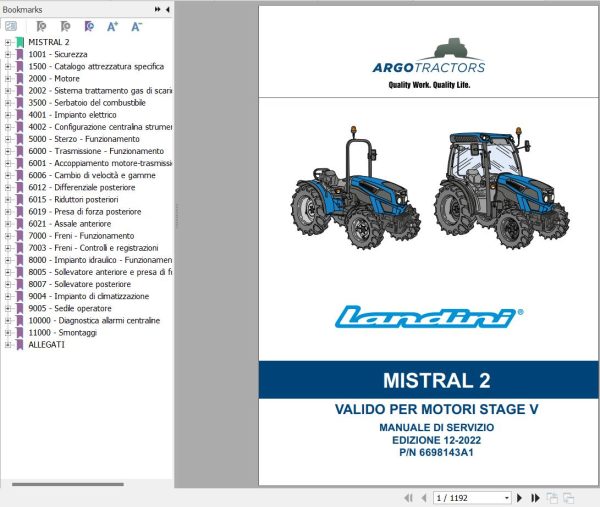 Landini Tractor MISTRAL 2 055 2 060 Service Manual and Diagrams 6698143A1 IT 1