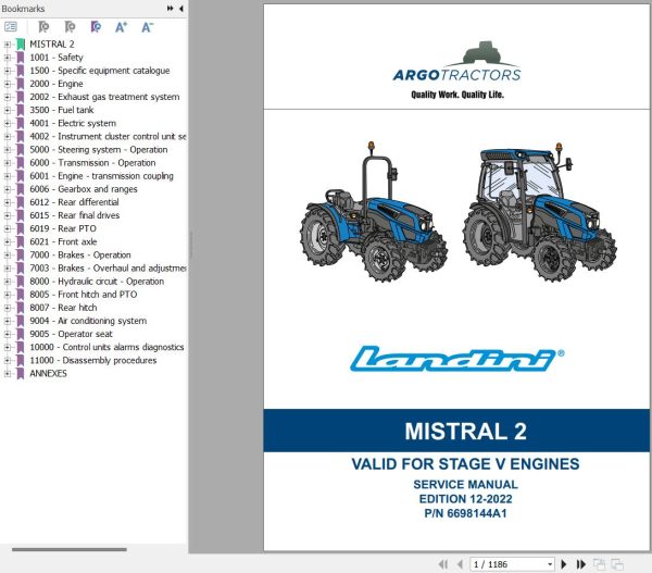 Landini Tractor MISTRAL 2 055 2 060 Service Manual and Diagrams 6698144A1 1