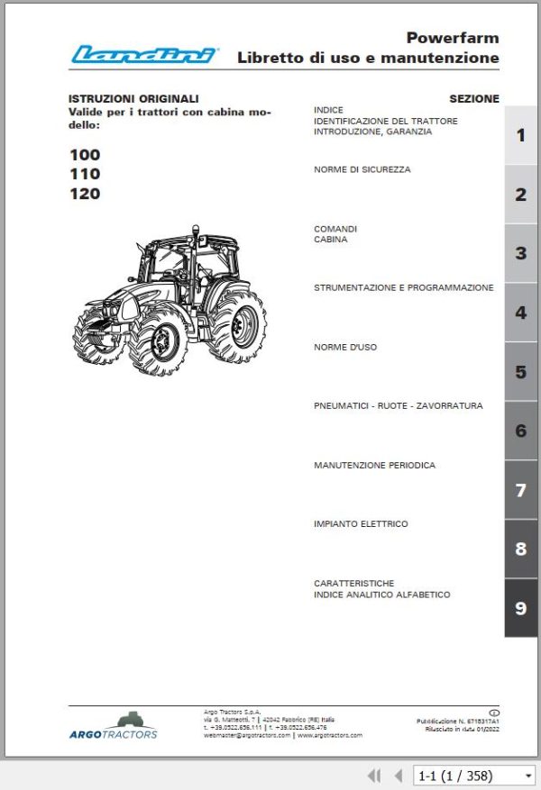 Landini Tractor Powerfarm 100 110 120 Operation and Maintenance Manual 6715317A1 IT 1
