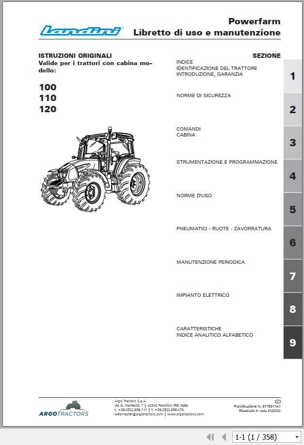 Landini Tractor Powerfarm 100 110 120 Operation and Maintenance Manual 6715317A1 IT 1