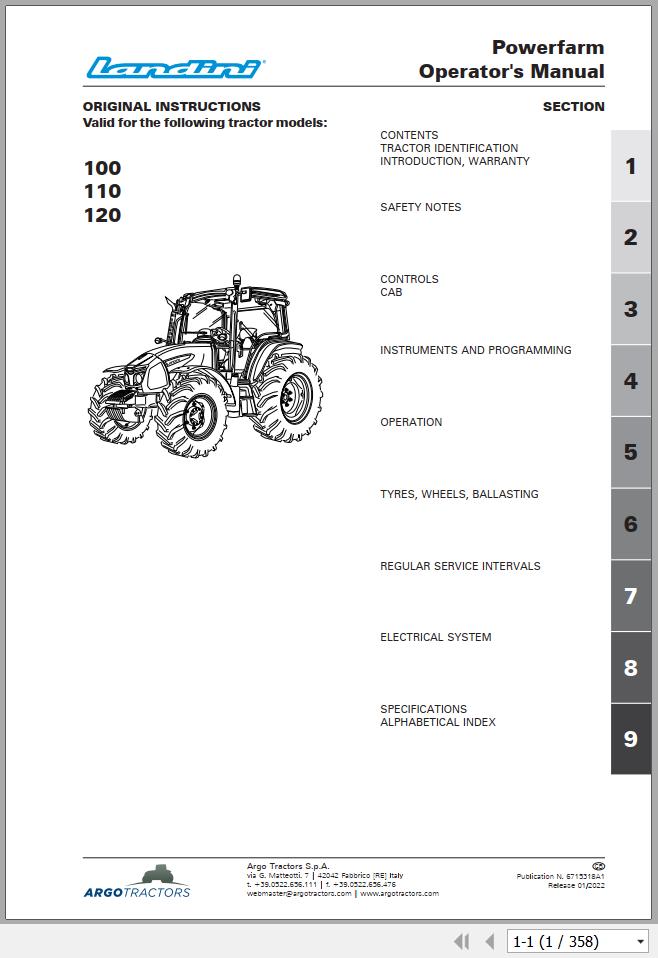 Landini Tractor Powerfarm 100 110 120 Operation and Maintenance Manual 6715318A1 1