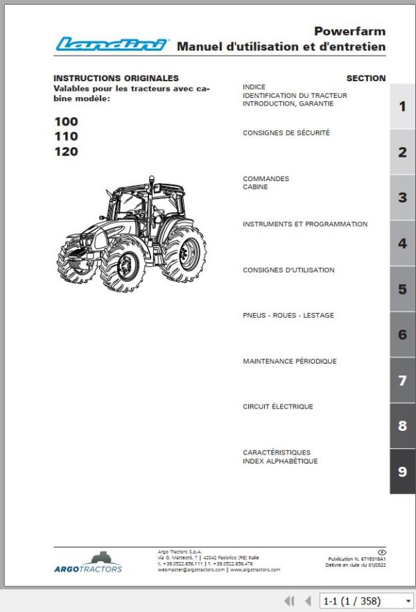 Landini Tractor Powerfarm 100 110 120 Operation and Maintenance Manual 6715319A1 FR 1