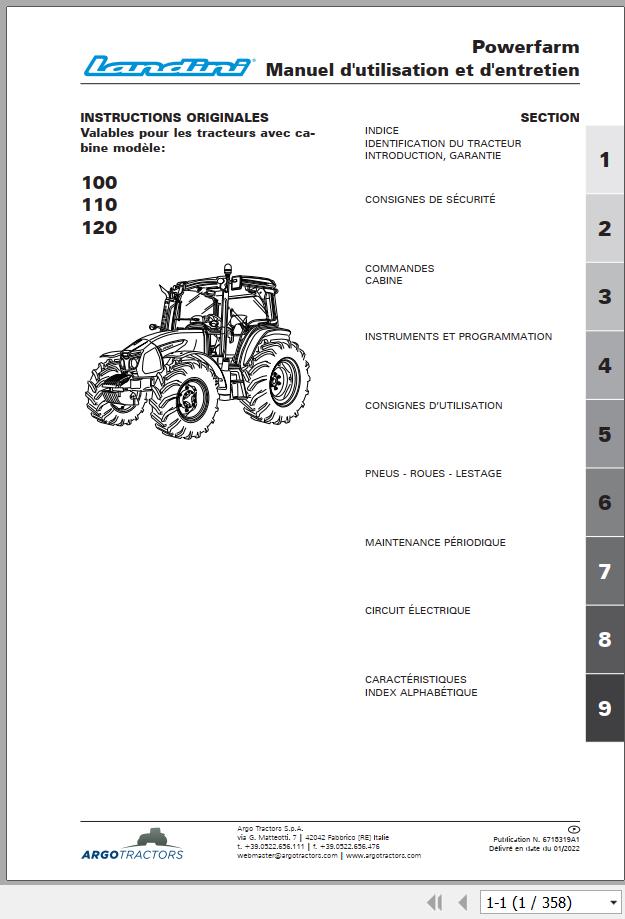 Landini Tractor Powerfarm 100 110 120 Operation and Maintenance Manual 6715319A1 FR 1