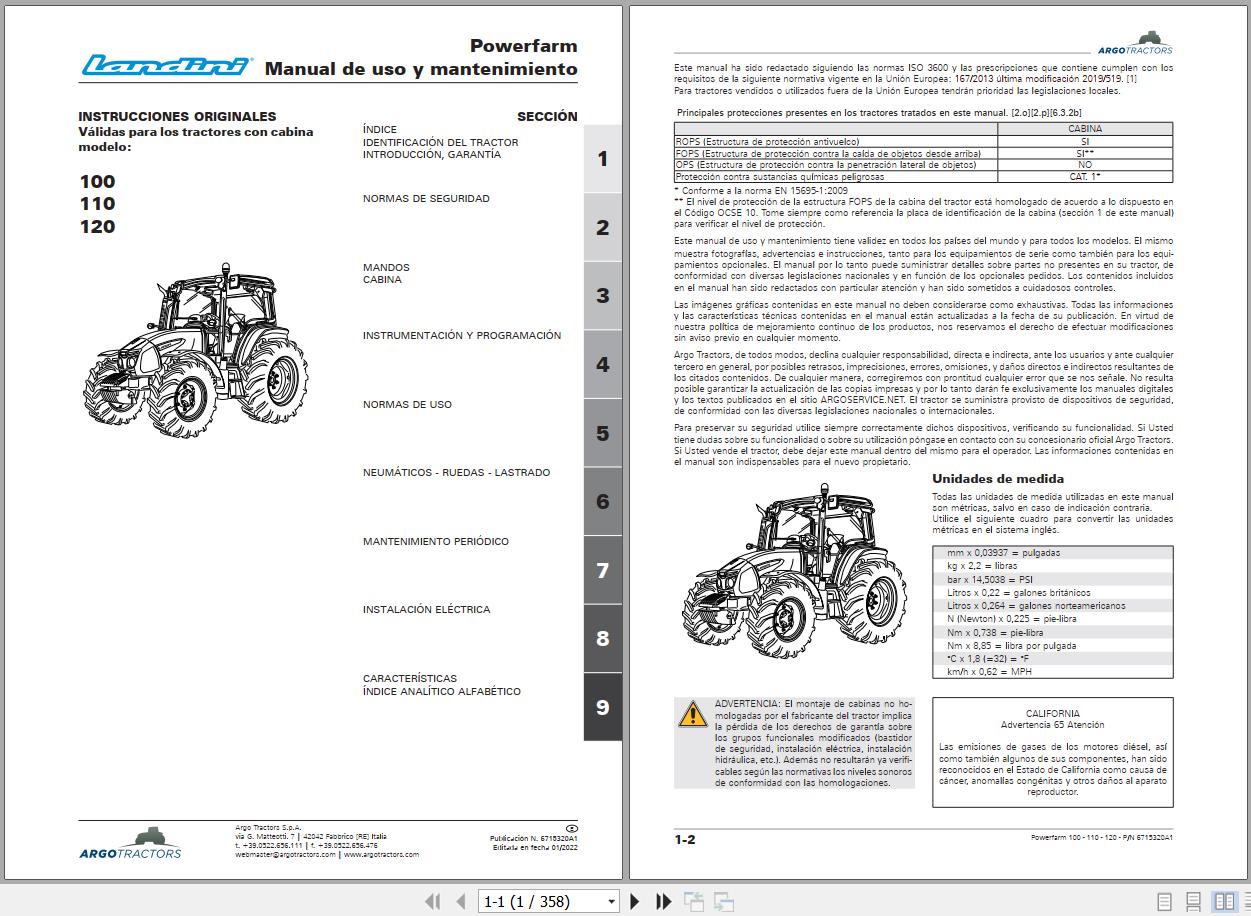 Landini Tractor Powerfarm 100 110 120 Operation and Maintenance Manual 6715320A1 ES 1